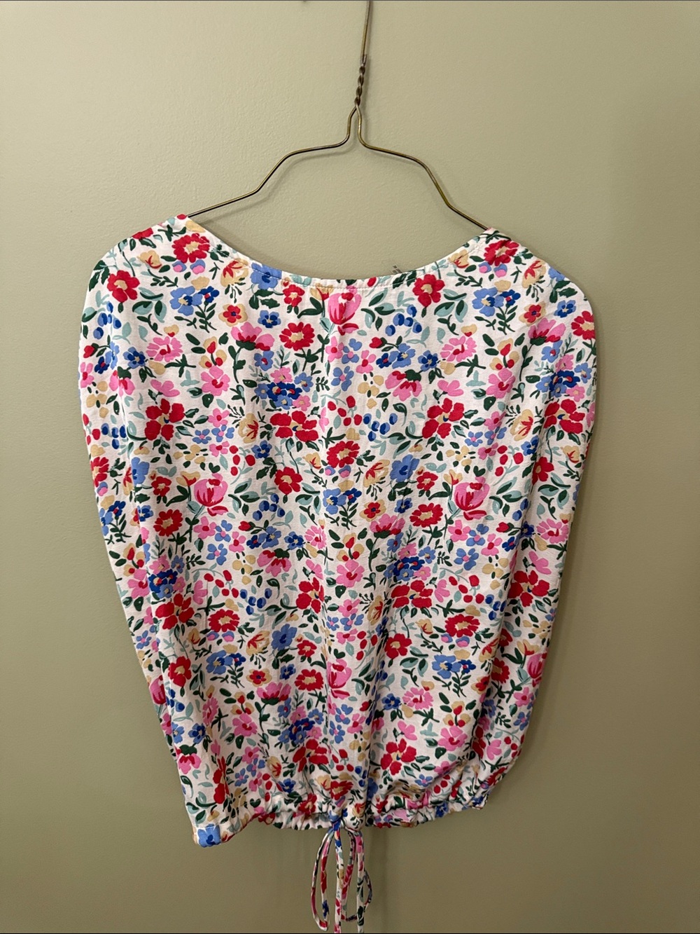 CHARLIE B White Floral Drawstring Blouse with Pink, Red & Blue Flowers